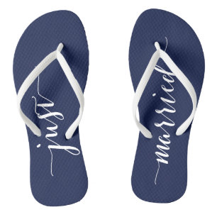 Just Married Navy Blue Wedding Party Flip Flops
