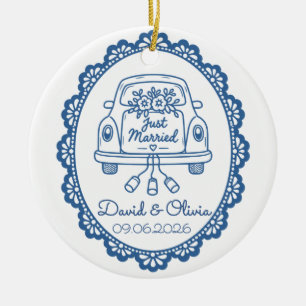 Just Married Newlywed Couple Names & Wedding Date Ceramic Ornament