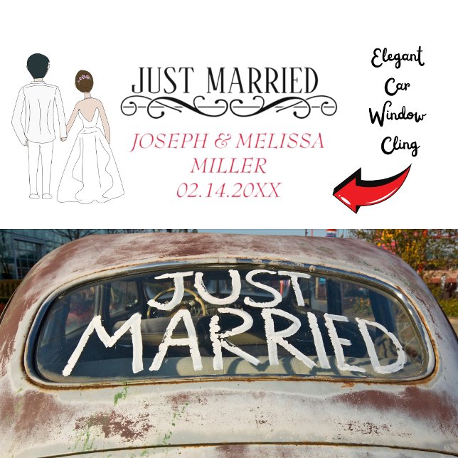 Just Married Newlywed Names Car Window Cling (Elegant Car Window Cling for the Newlyweds.)