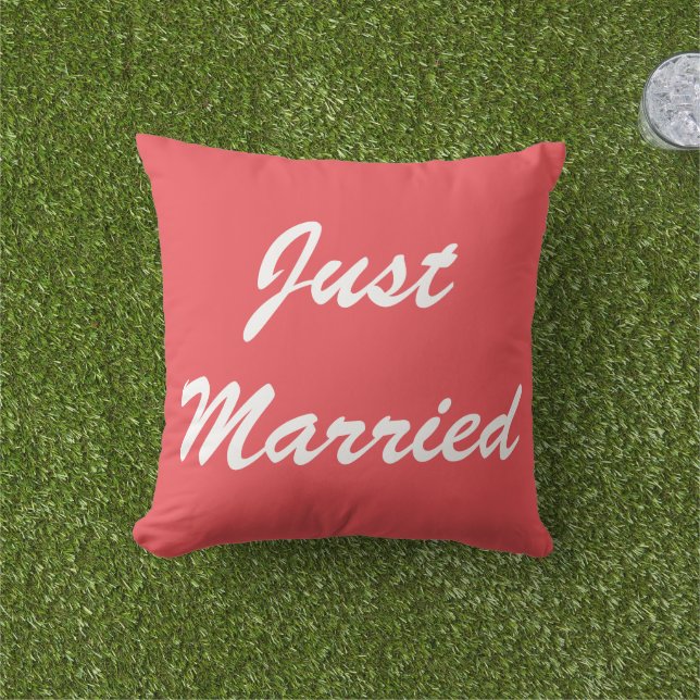 Just Married Newlyweds Custom Red Colourful Weddin Cushion (Grass)