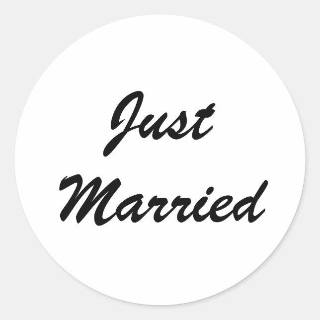 Just Married  Newlyweds Custom Script Text Wedding Classic Round Sticker (Front)