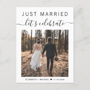 Just Married Now Let's Celebrate Photo Wedding Announcement Postcard