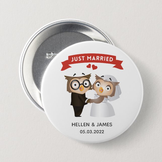 Just Married Owl Wedding  7.5 Cm Round Badge (Front & Back)