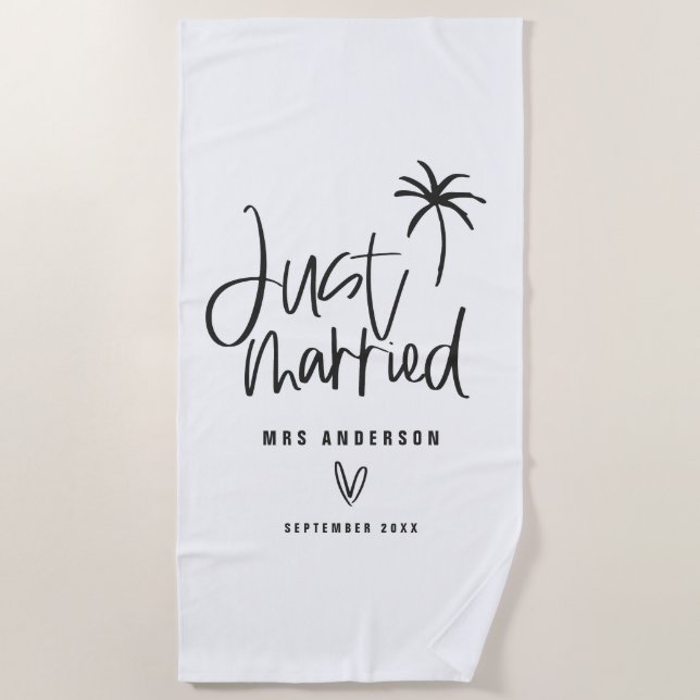 Just married palm tree wedding gift beach towel (Front)