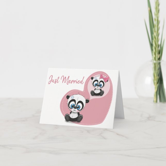 Just Married Panda Bear Pink Heart Wedding Announcement (Front)
