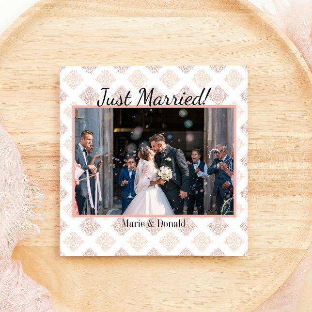 Just Married Peach Blush Damask Holiday Card (Creator Uploaded)