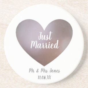 Just married pearl and purple heart wedding coaster