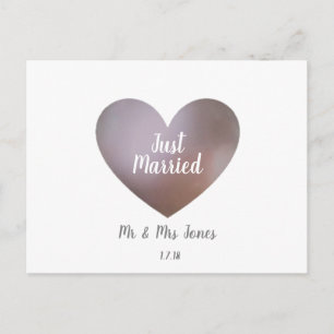 Just Married pearl & purple wedding heart postcard