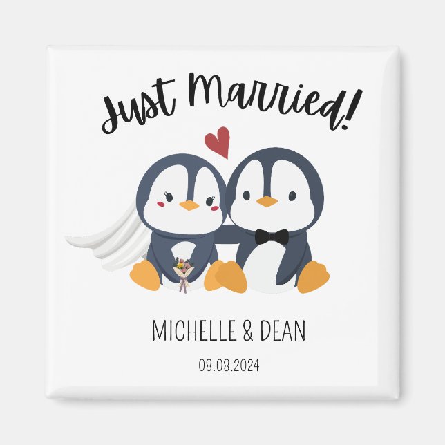 just married penguin cute giveaway personalised magnet (Front)