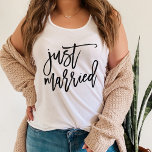 Just Married Personalised Typography Singlet<br><div class="desc">Set off on your honeymoon with our super cute bride tank featuring "Just Married" on the front in black handwritten style brush marker typography lettering. Personalise the back with your choice of text -- we love it with "The New Mrs" and your new last name.</div>