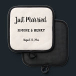 Just Married Personalised with Names Wedding Date Pot Holder<br><div class="desc">Three lines of customisable text highlight this Just Married pot holder.
Great for the newlyweds!</div>
