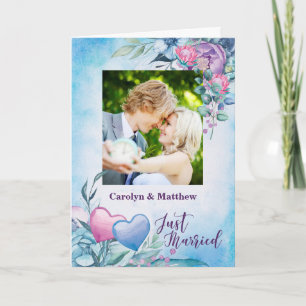 Just Married Photo Announcement Purple and Blue