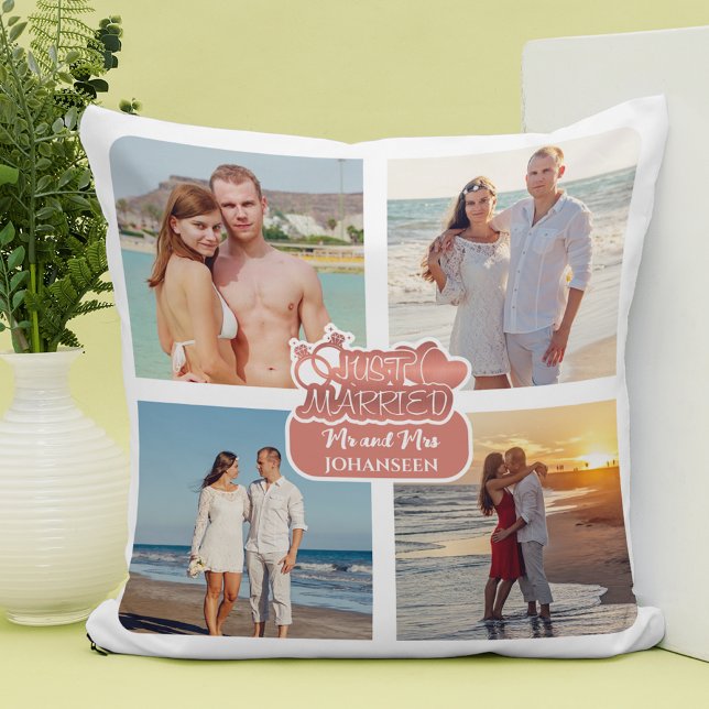 Just Married Photo Collage Wedding Family Gift Cushion (Creator Uploaded)