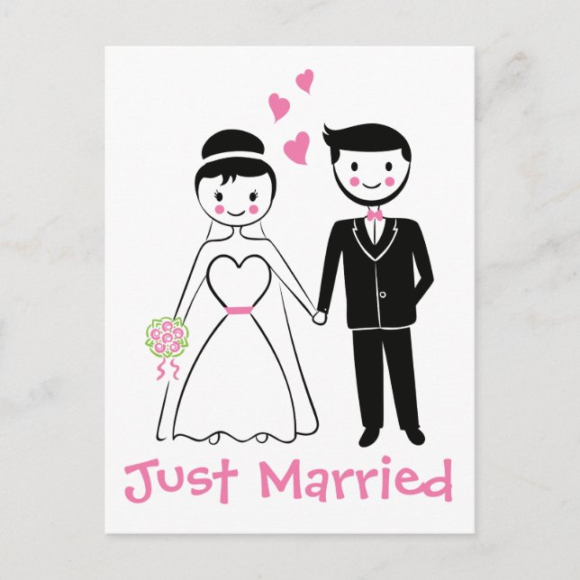 Just Married Pink Black Bride Groom Wedding Announcement Postcard (Front)
