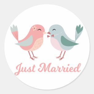 Just Married Pink & Blue Lovebirds Wedding Classic Round Sticker