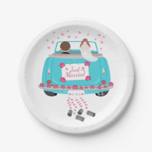 Just Married Pink Blue Wedding Bride Groom Paper Plate
