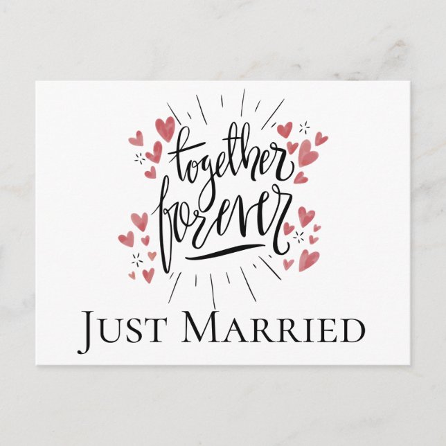 Just Married Pink Hearts Forever Together Wedding Announcement Postcard (Front)