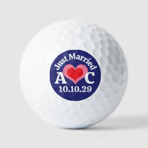 JUST MARRIED Pink Red Heart & Navy Blue Background Golf Balls