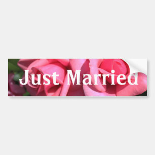 Just married pink rose flowers bumper sticker. sticker