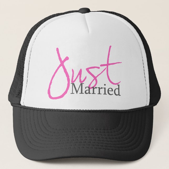 Just Married (Pink Script) Trucker Hat (Front)
