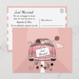 Just Married Pink Vintage Getaway Car Wedding Announcement Postcard