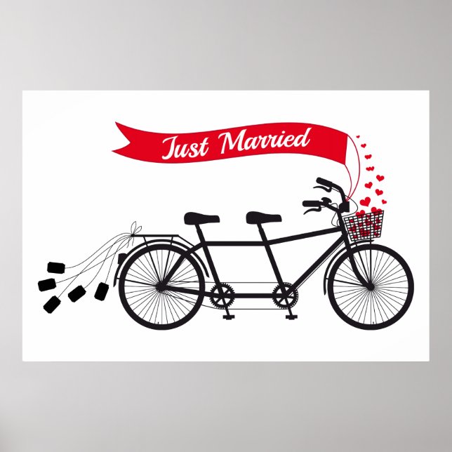 Just married poster, wedding tandem bicycle poster (Front)