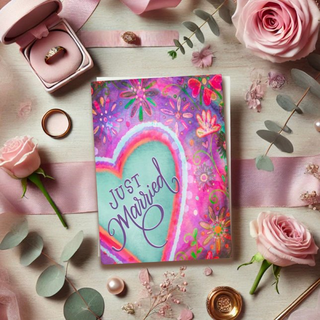 Just Married Pretty Heart Floral Wedding Purple Card (Creator Uploaded)