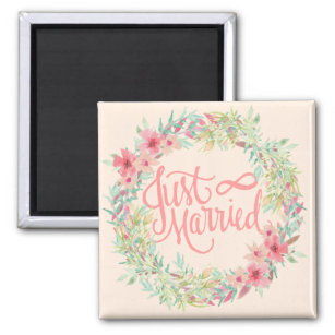Just Married Pretty Pink Teal Coral Floral Design Magnet