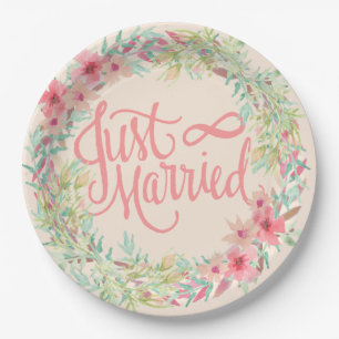 Just Married Pretty Pink Teal Coral Floral Design Paper Plate