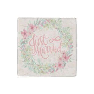 Just Married Pretty Pink Teal Coral Floral Design Stone Magnet