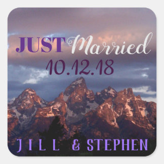 Just Married Purple Teton Sunset Square Sticker