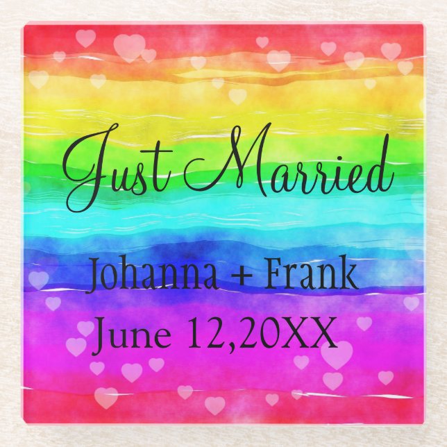 Just Married Rainbow Glass Coaster (Front)
