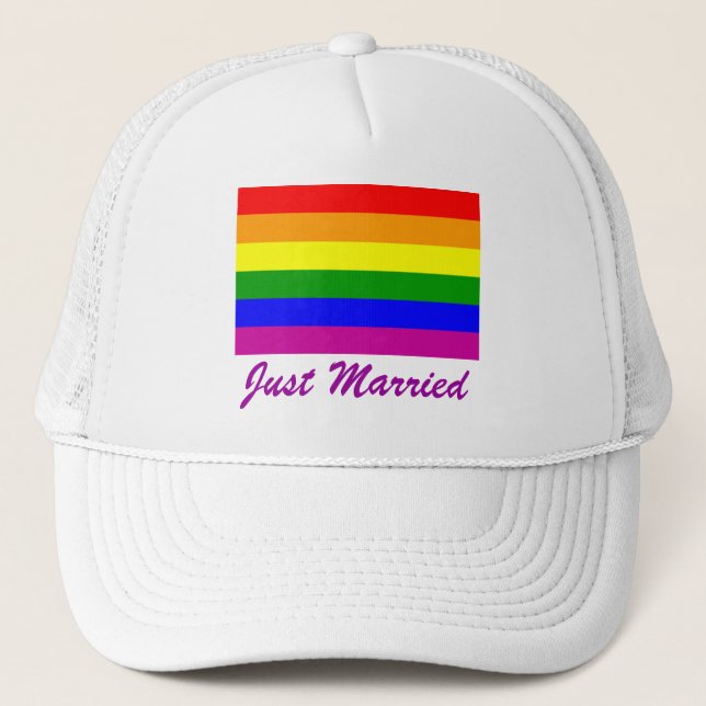 Just Married Rainbow Pride Trucker Hat (Front)