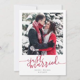 Just Married Red Script Photo Christmas Wedding Announcement