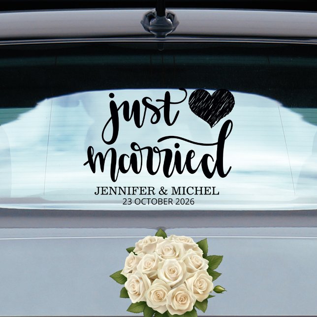 Just Married romantic black script wedding car (Creator Uploaded)