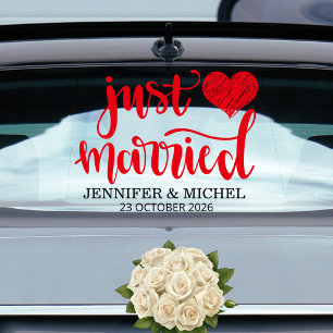 Just Married romantic red script wedding car