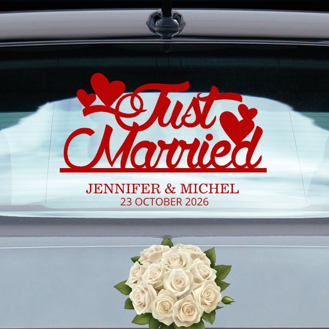 Just Married romantic red script wedding car (Creator Uploaded)