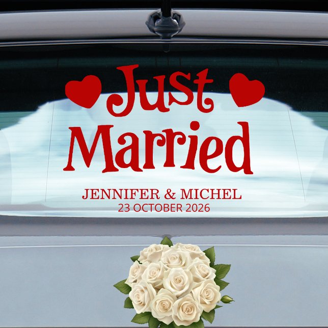 Just Married romantic red script wedding car (Creator Uploaded)