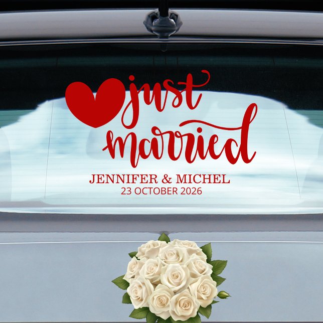 Just Married romantic red script wedding car (Creator Uploaded)