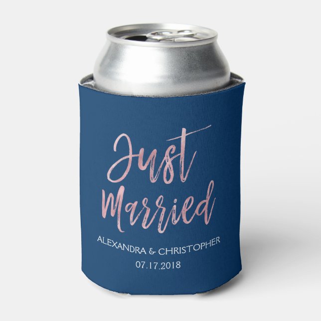Just Married Rose Gold Foil and Navy Blue Can Cooler (Can Front)