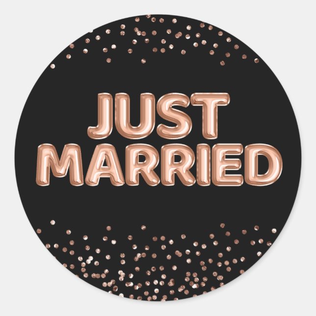 Just Married Rose Gold Wedding Balloons on Black Classic Round Sticker (Front)