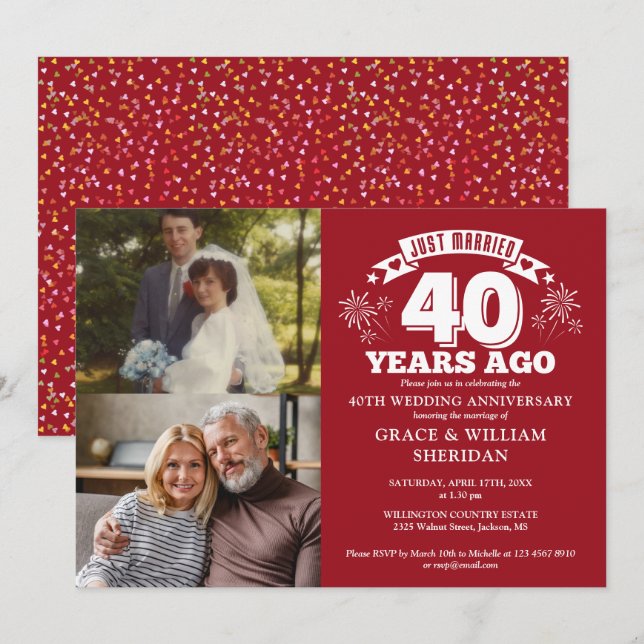 Just Married Ruby 40th Wedding Anniversary 2 Photo Invitation (Front/Back)