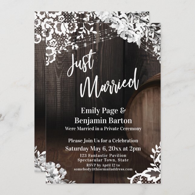 Just Married Rustic Wood Barrel Lights Flowers Invitation (Front/Back)