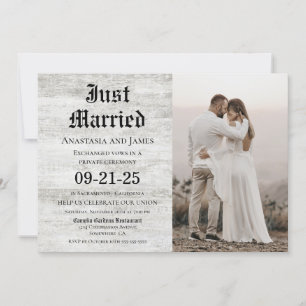 Just Married Rustic Wood Photo Post Wedding Invitation