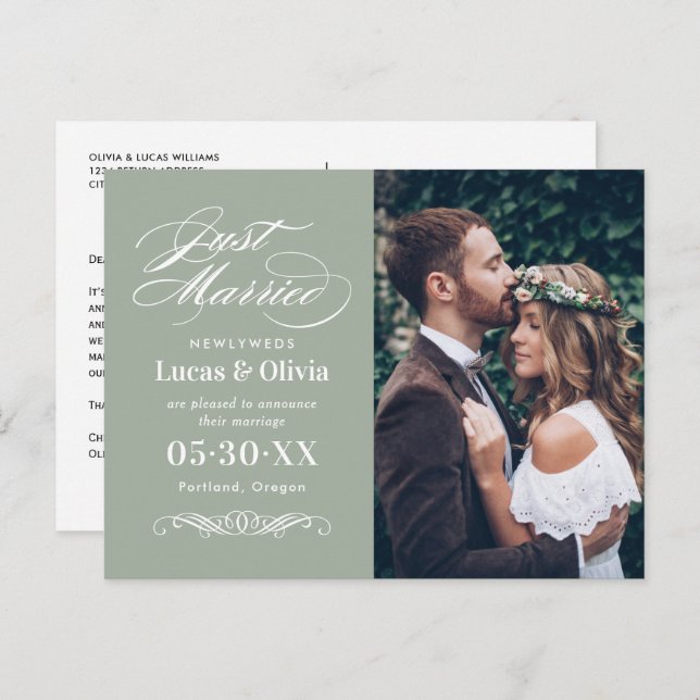 Just Married Sage Green Elegant Wedding Photo Announcement Postcard (Front/Back)