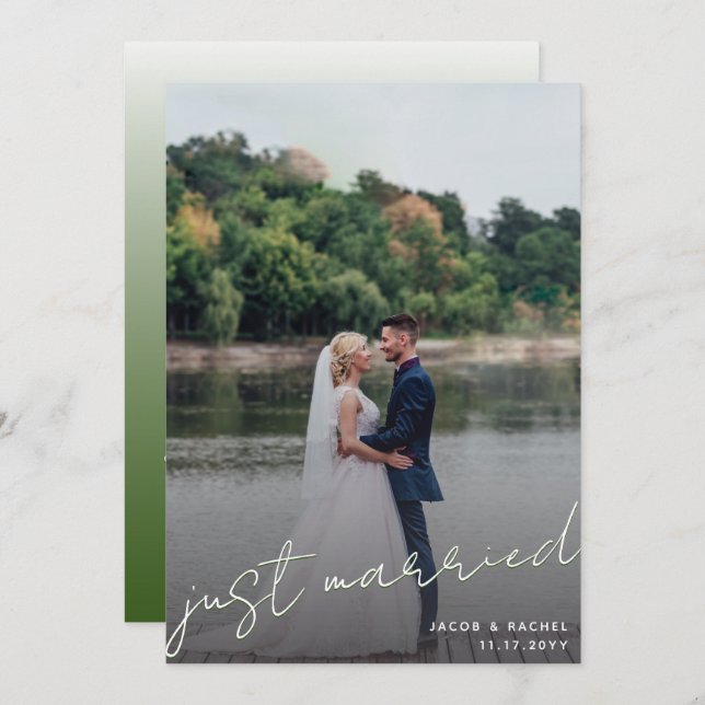 Just Married Script Overlay Green Photo Wedding Announcement (Front/Back)