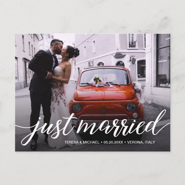 Just Married Script Overlay Wedding Photo Announcement Postcard (Front)