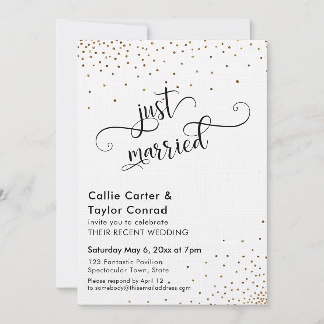 Just Married Script Typography, Faux Gold Confetti Invitation (Front)