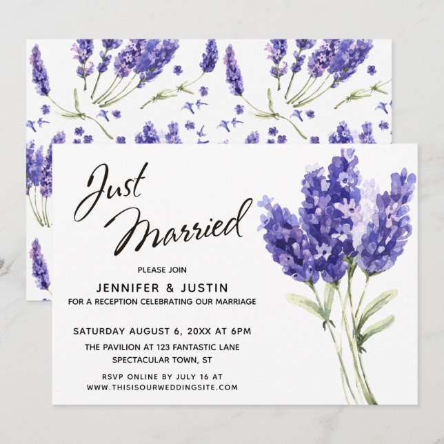Just Married Script, Watercolor Lavender Flowers Invitation (Front/Back)