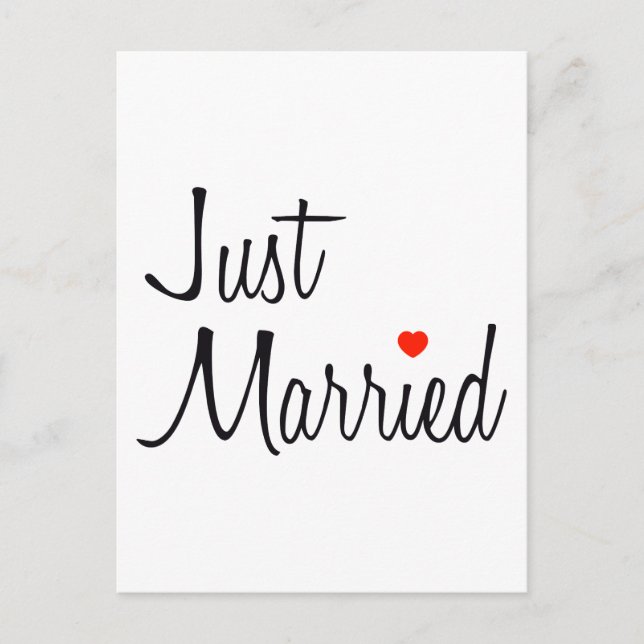 Just Married (Script With Red Heart) Announcement Postcard (Front)